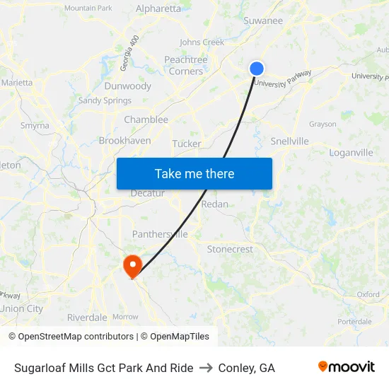 Sugarloaf Mills Gct Park And Ride to Conley, GA map