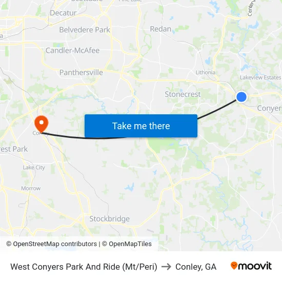 West Conyers Park And Ride (Mt/Peri) to Conley, GA map
