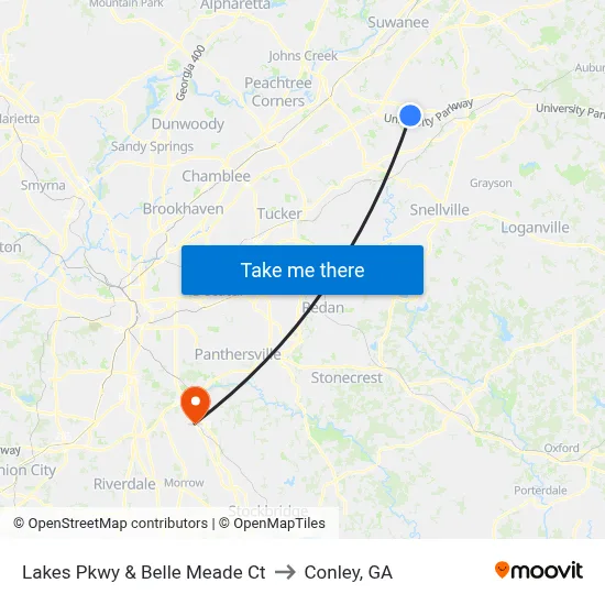Lakes Pkwy & Belle Meade Ct to Conley, GA map