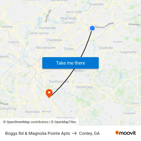Boggs Rd & Magnolia Pointe Apts to Conley, GA map