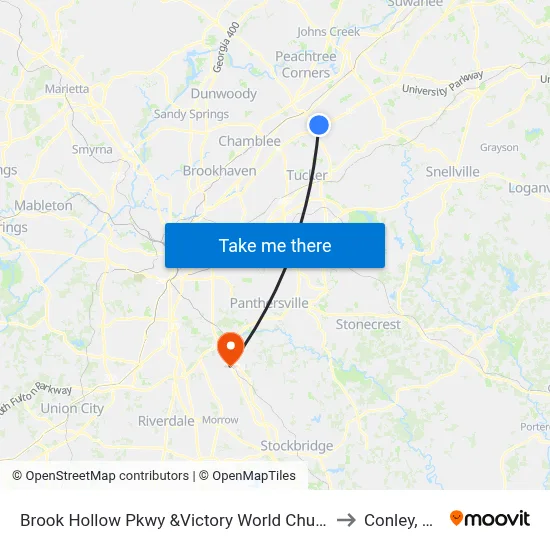 Brook Hollow Pkwy &Victory World Church to Conley, GA map