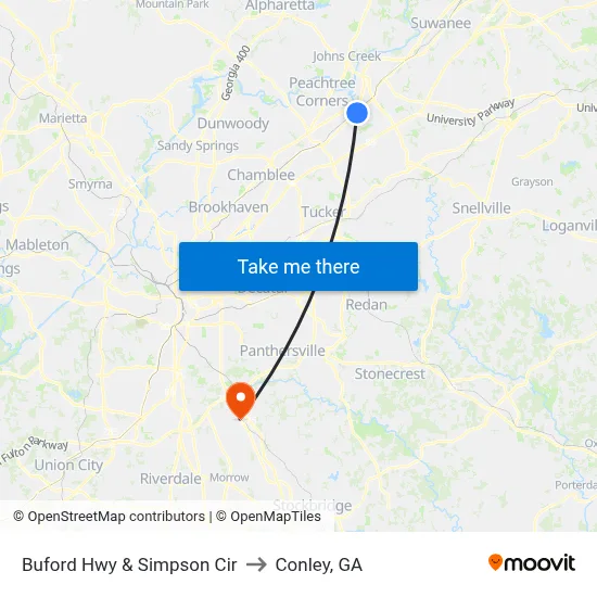 Buford Hwy & Simpson Cir to Conley, GA map