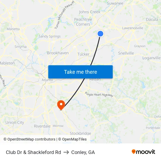 Club Dr & Shackleford Rd to Conley, GA map