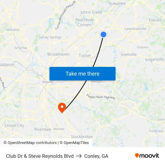 Club Dr & Steve Reynolds Blvd to Conley, GA map