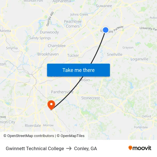 Gwinnett Technical College to Conley, GA map