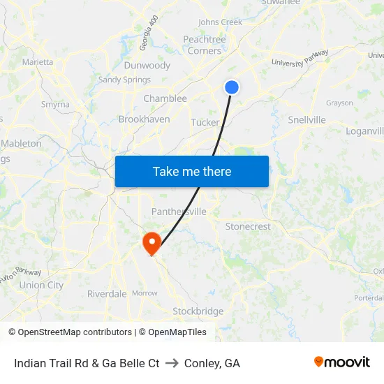 Indian Trail Rd & Ga Belle Ct to Conley, GA map