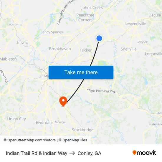 Indian Trail Rd & Indian Way to Conley, GA map