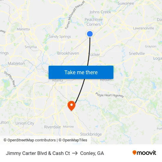 Jimmy Carter Blvd & Cash Ct to Conley, GA map