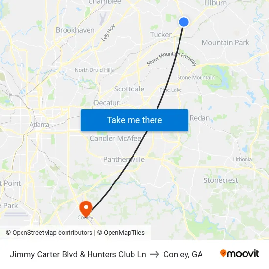 Jimmy Carter Blvd & Hunters Club Ln to Conley, GA map