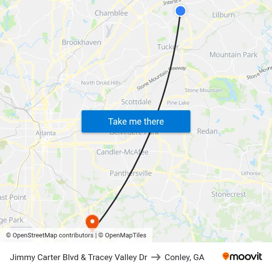 Jimmy Carter Blvd & Tracey Valley Dr to Conley, GA map