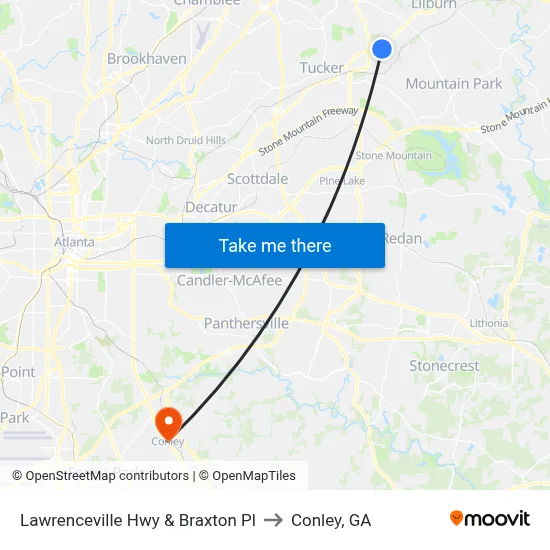 Lawrenceville Hwy & Braxton Pl to Conley, GA map