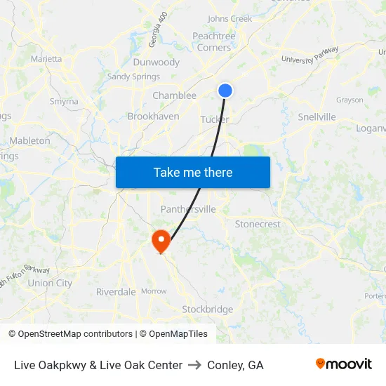 Live Oakpkwy & Live Oak Center to Conley, GA map