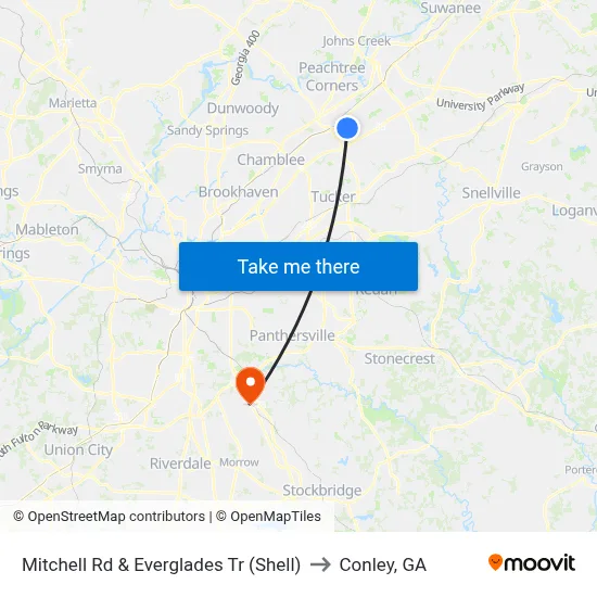 Mitchell Rd & Everglades Tr (Shell) to Conley, GA map