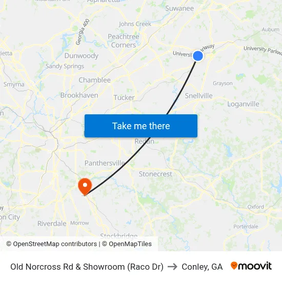 Old Norcross Rd & Showroom (Raco Dr) to Conley, GA map