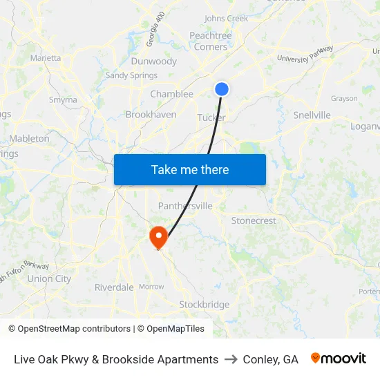 Live Oak Pkwy & Brookside Apartments to Conley, GA map