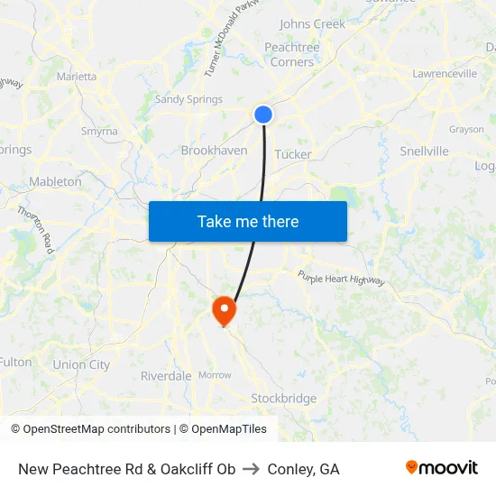 New Peachtree Rd & Oakcliff Ob to Conley, GA map