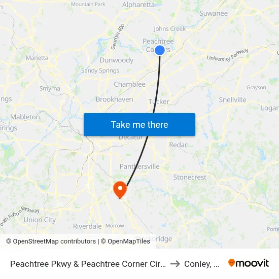 Peachtree Pkwy & Peachtree Corner Cir Ib to Conley, GA map