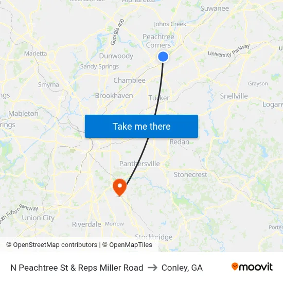 N Peachtree St & Reps Miller Road to Conley, GA map