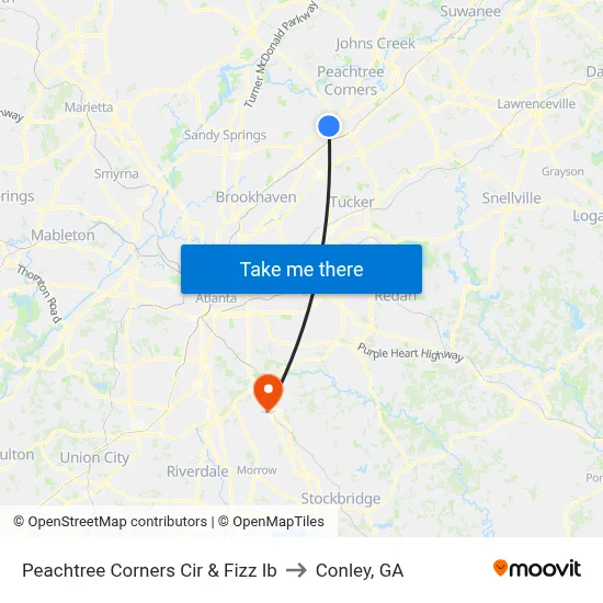 Peachtree Corners Cir & Fizz Ib to Conley, GA map