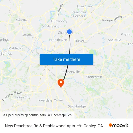 New Peachtree Rd & Pebblewood Apts to Conley, GA map