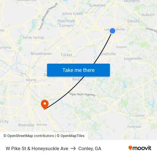 W Pike St & Honeysuckle Ave to Conley, GA map