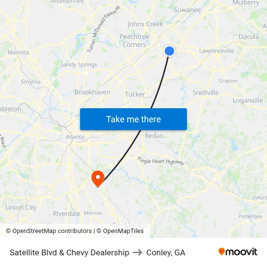 Satellite Blvd & Chevy Dealership to Conley, GA map