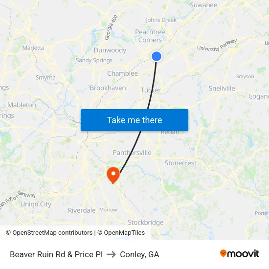 Beaver Ruin Rd & Price Pl to Conley, GA map