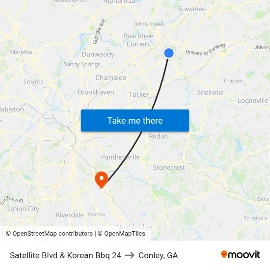Satellite Blvd & Korean Bbq 24 to Conley, GA map
