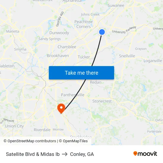 Satellite Blvd & Midas Ib to Conley, GA map