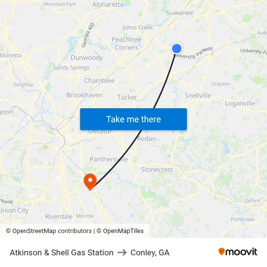 Atkinson & Shell Gas Station to Conley, GA map