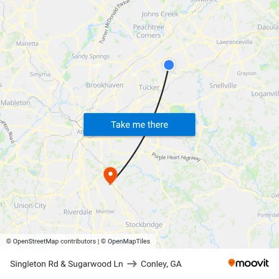 Singleton Rd & Sugarwood Ln to Conley, GA map