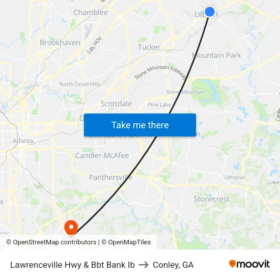 Lawrenceville Hwy & Bbt Bank Ib to Conley, GA map