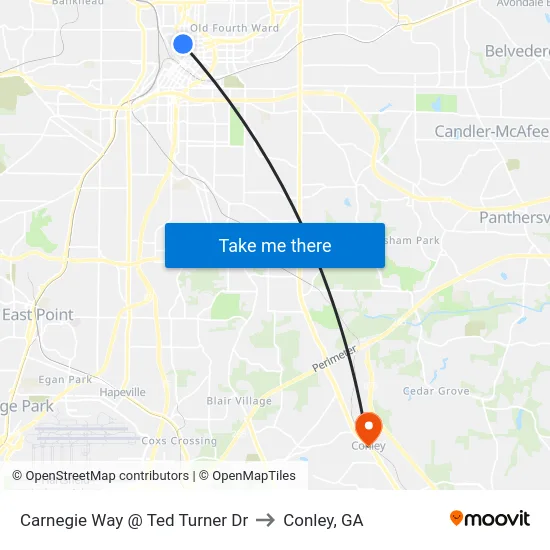 Carnegie Way @ Ted Turner Dr to Conley, GA map