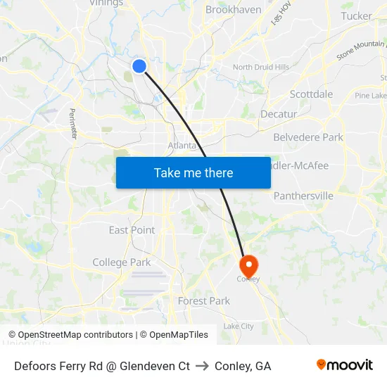 Defoors Ferry Rd @ Glendeven Ct to Conley, GA map