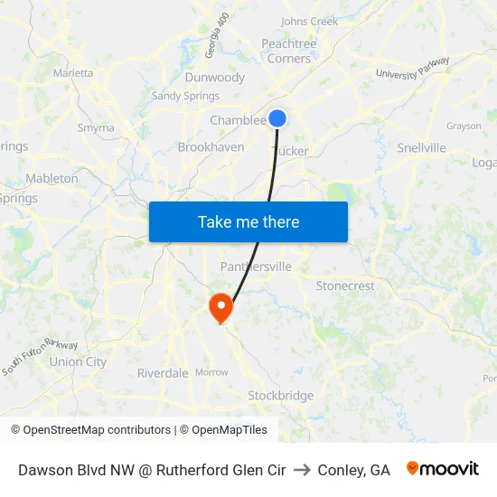 Dawson Blvd NW @ Rutherford Glen Cir to Conley, GA map