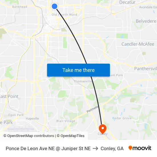 Ponce De Leon Ave NE @ Juniper St NE to Conley, GA map