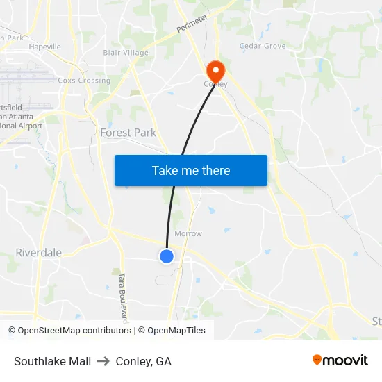 Southlake Mall to Conley, GA map