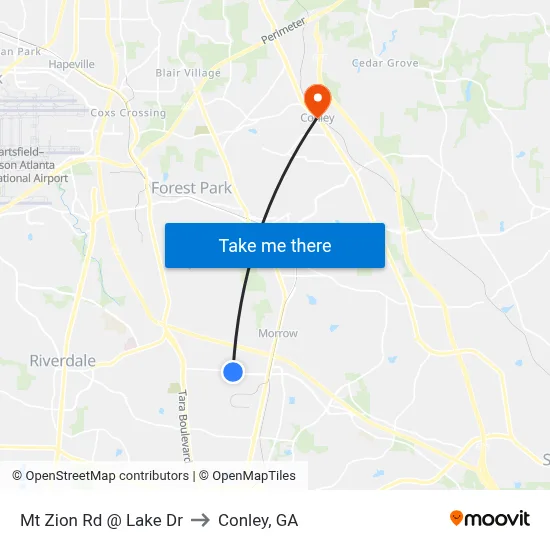 Mt Zion Rd @ Lake Dr to Conley, GA map