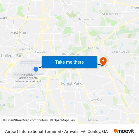 Airport International Terminal - Arrivals to Conley, GA map
