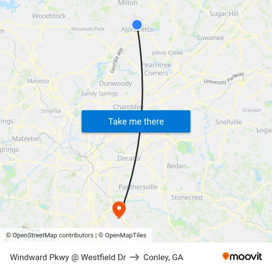 Windward Pkwy @ Westfield Dr to Conley, GA map