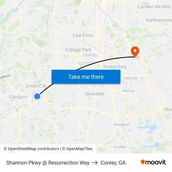 Shannon Pkwy @ Resurrection Way to Conley, GA map