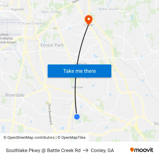 Southlake Pkwy @ Battle Creek Rd to Conley, GA map