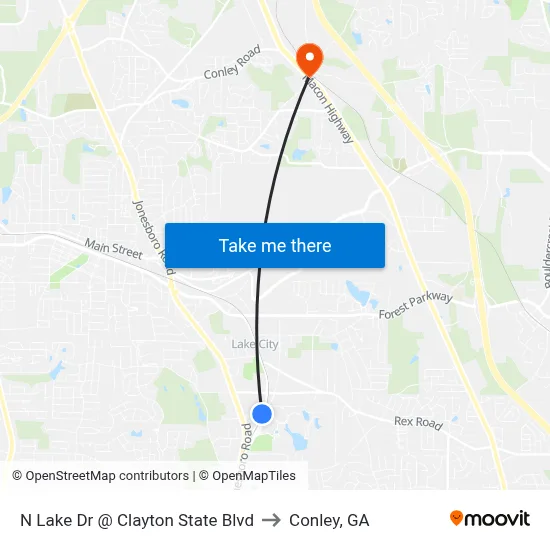 N Lake Dr @ Clayton State Blvd to Conley, GA map