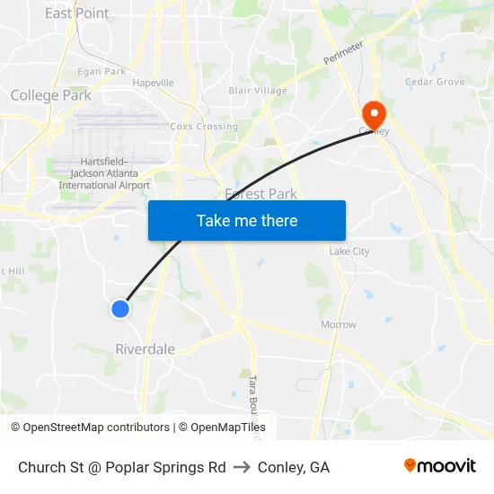 Church St @ Poplar Springs Rd to Conley, GA map