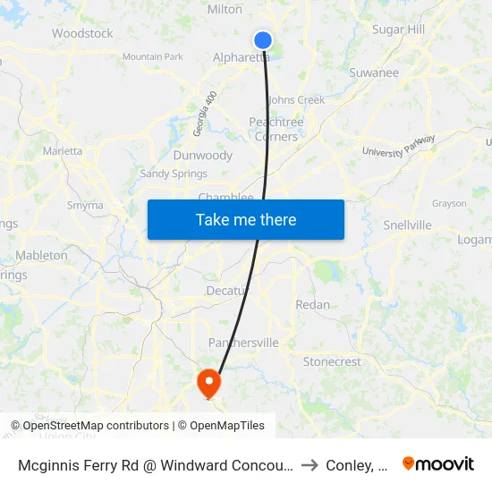 Mcginnis Ferry Rd @ Windward Concourse to Conley, GA map