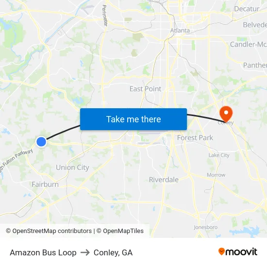 Amazon Bus Loop to Conley, GA map