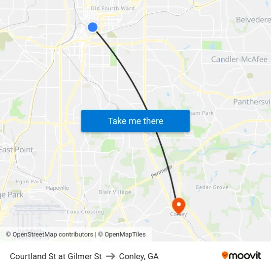 Courtland St at Gilmer St to Conley, GA map