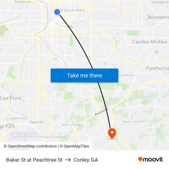 Baker St at Peachtree St to Conley, GA map