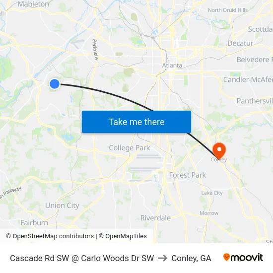 Cascade Rd SW @ Carlo Woods Dr SW to Conley, GA map