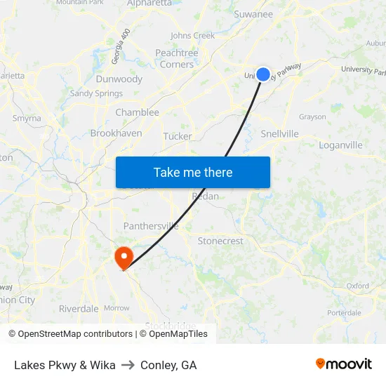 Lakes Pkwy & Wika to Conley, GA map